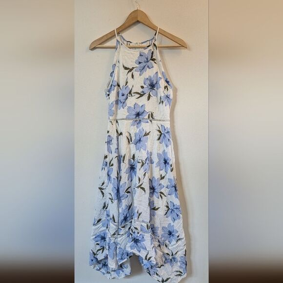 Lulus Zahara Blue White Floral Print Midi Dress S Small 100% Cotton halter apron - Picture 3 of 8